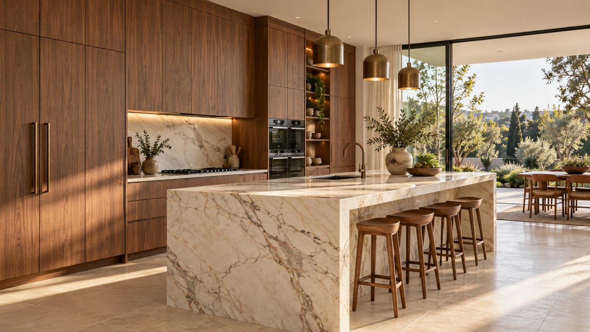 Design inspiration: Warm walnut kitchen cabinetry with a pale veined marble island