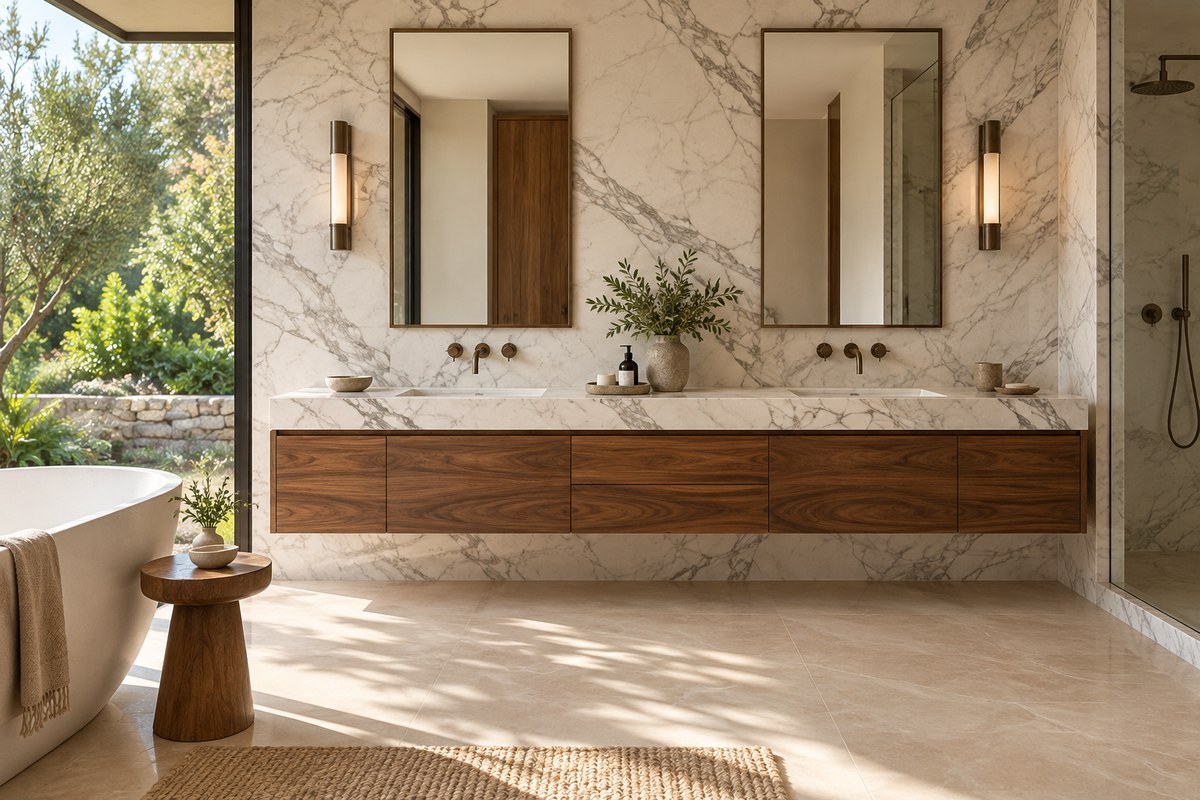Design inspiration: Walnut bathroom vanity with a marble top and marble wall